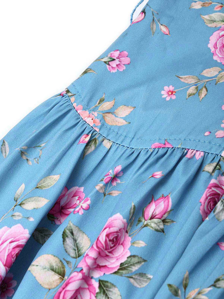 Blaues 50er ärmelloses Kleid mit Blumen und Spitzenkragen