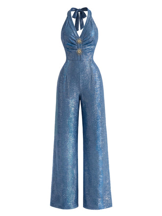 70er glitzernder Neckholder-Overall mit Sonnenknöpfen