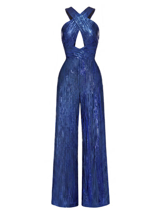 70er Pailletten-Jumpsuit mit Kreuz-Cut-out und Neckholder