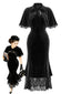 [Vorverkauf] Schwarzes 30er Samt-Meerjungfrauenkleid mit Rüschen-Cape