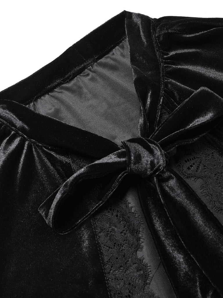 Schwarzes 30er Samt-Meerjungfrauenkleid mit Rüschen-Cape