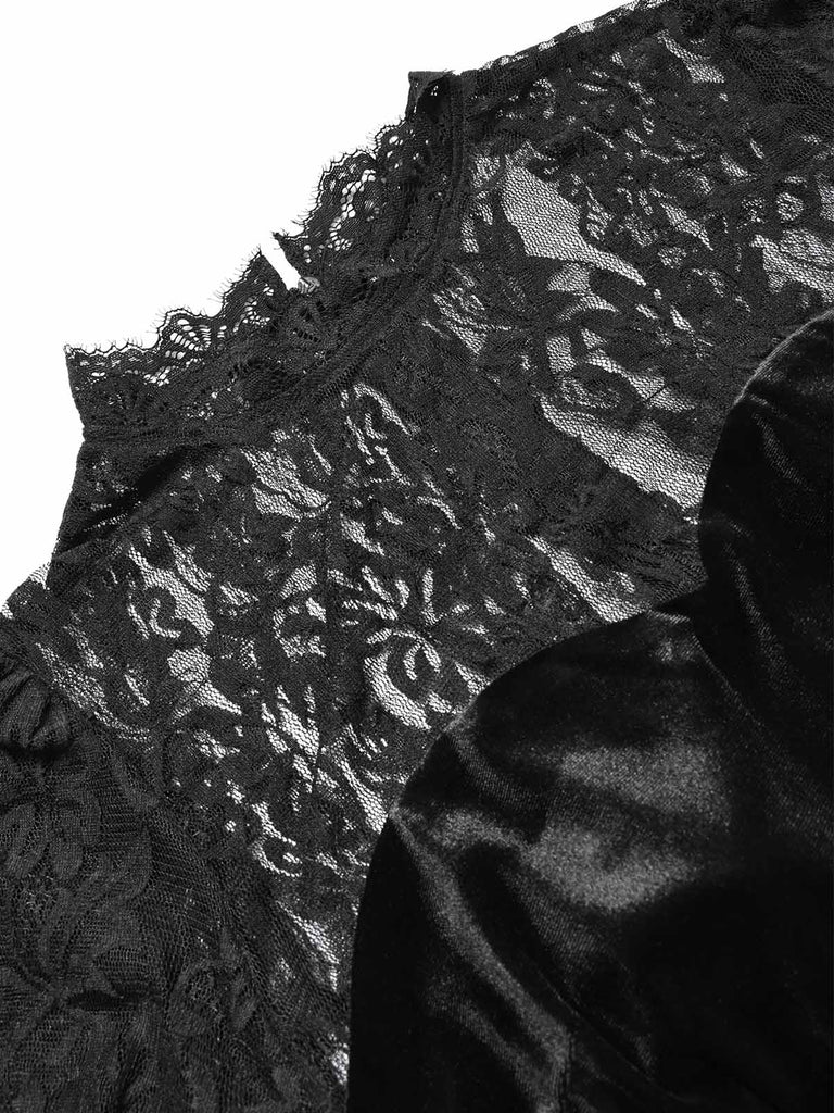 Schwarzes 30er Samt-Meerjungfrauenkleid mit Rüschen-Cape