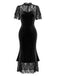 Schwarzes 30er Samt-Meerjungfrauenkleid mit Rüschen-Cape