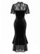 Schwarzes 30er Samt-Meerjungfrauenkleid mit Rüschen-Cape