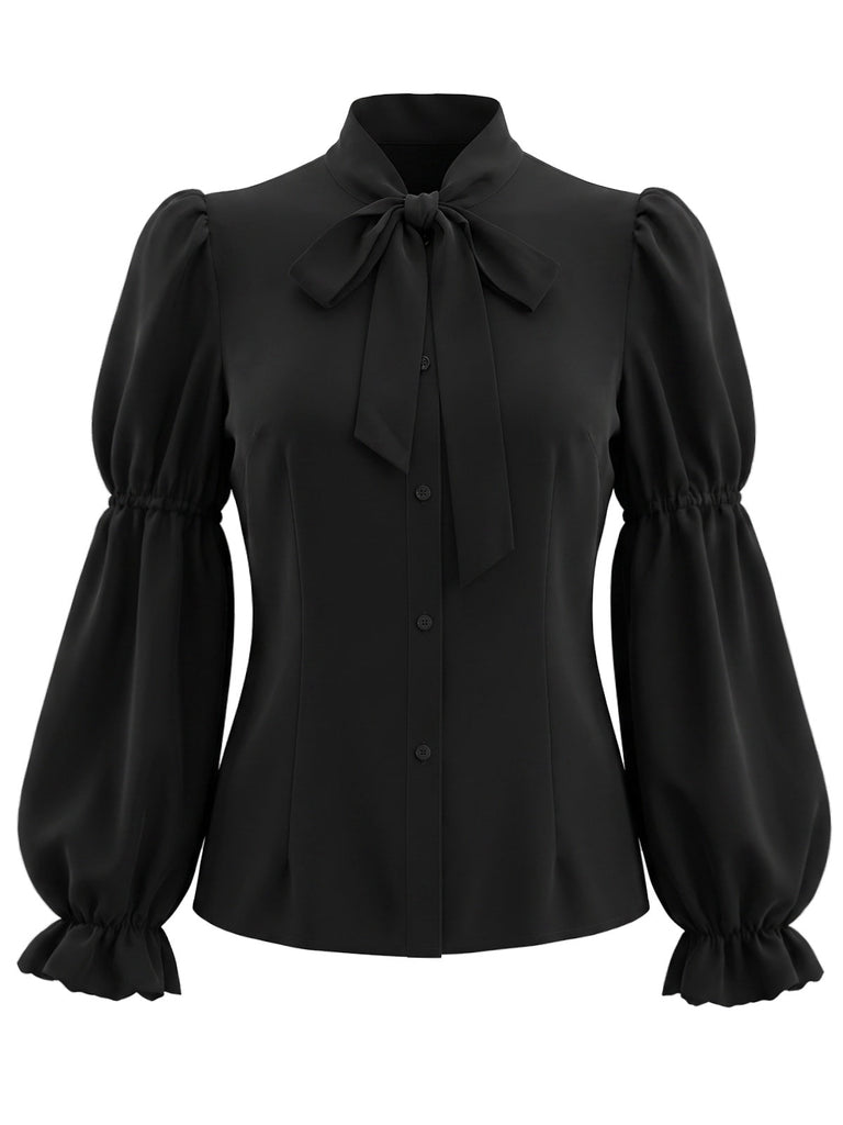Schwarze 40er Bluse mit Schleifenkragen und Virago-Ärmeln