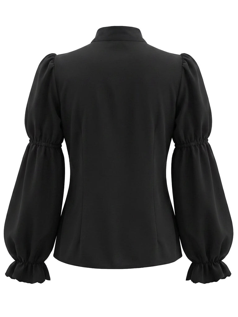 Schwarze 40er Bluse mit Schleifenkragen und Virago-Ärmeln