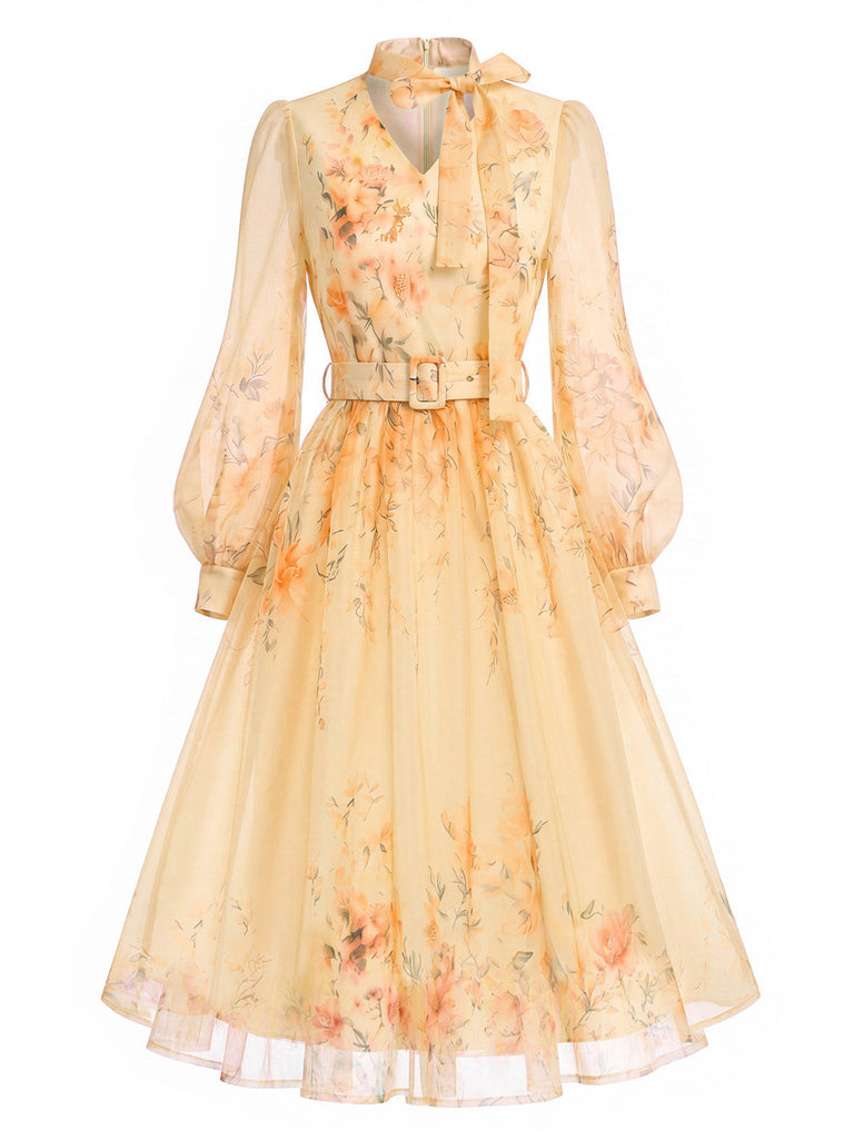 Oranges 50er Meshkleid mit Blumen und Ballonärmeln
