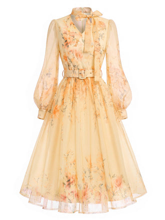 Oranges 50er Meshkleid mit Blumen und Ballonärmeln