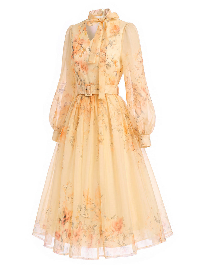 Oranges 50er Meshkleid mit Blumen und Ballonärmeln