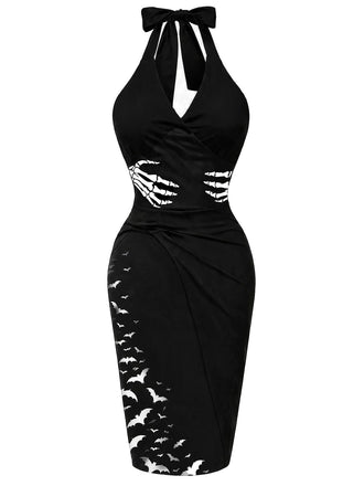 60er Neckholder-Bleistiftkleid mit Skelett-Hand- und Fledermausprint