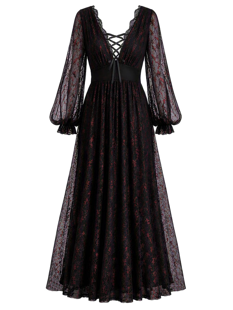 30er Spitzenkleid mit tiefem V-Ausschnitt und Ballonärmeln