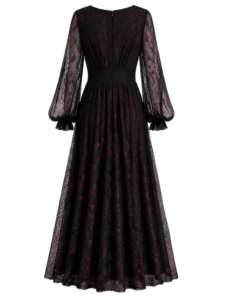 30er Spitzenkleid mit tiefem V-Ausschnitt und Ballonärmeln