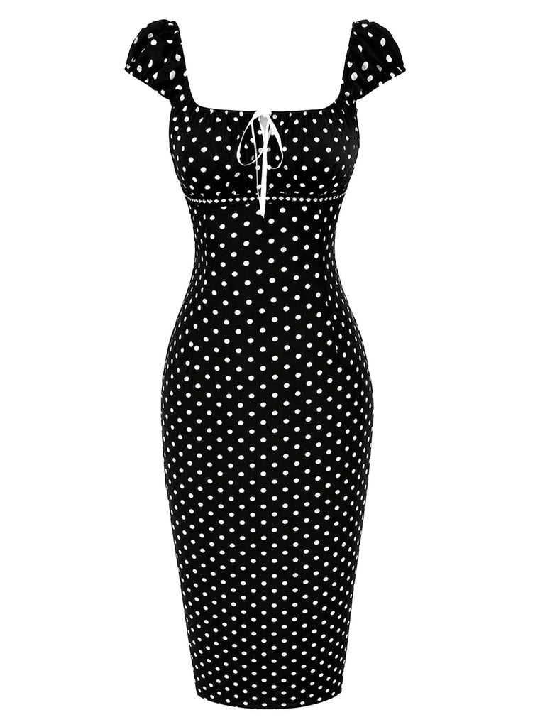 Schwarzes 60er Bleistiftkleid mit Karree-Ausschnitt