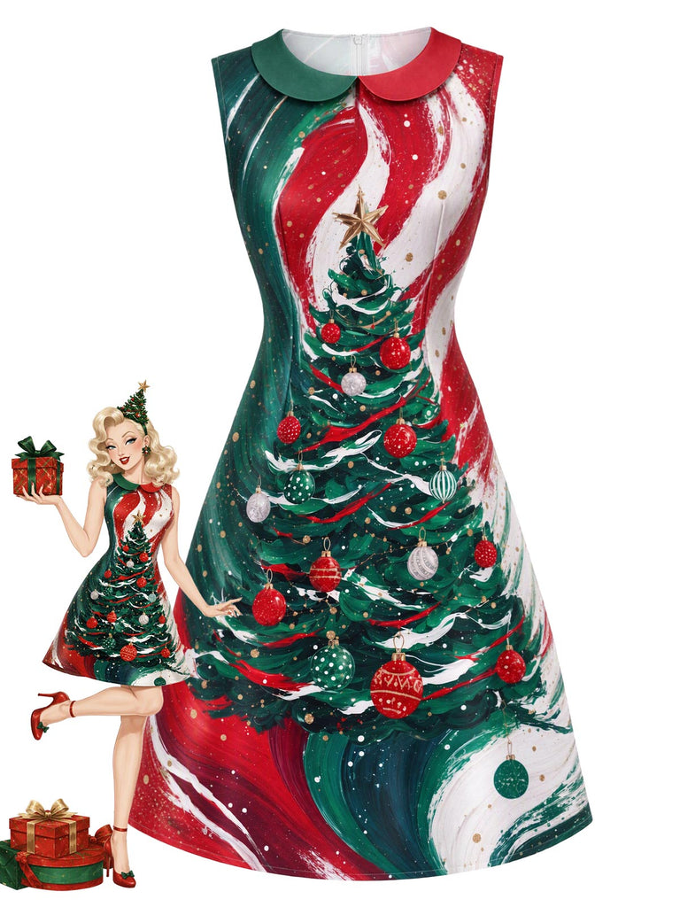 60er A-Linien-Kleid mit Weihnachtsbaum-Print und Bubikragen