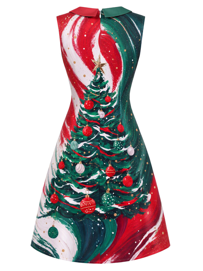 60er A-Linien-Kleid mit Weihnachtsbaum-Print und Bubikragen