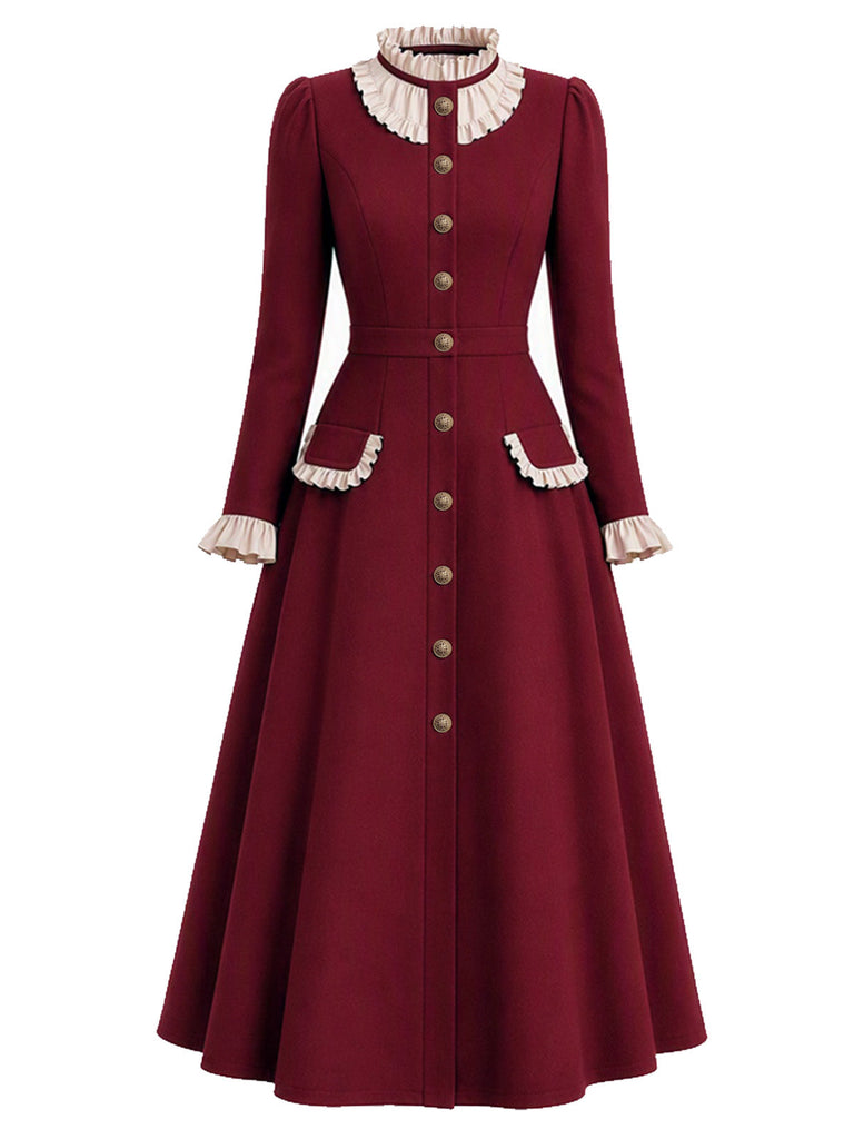 Burgunderrotes 50er Mantelkleid mit Rüschenkragen