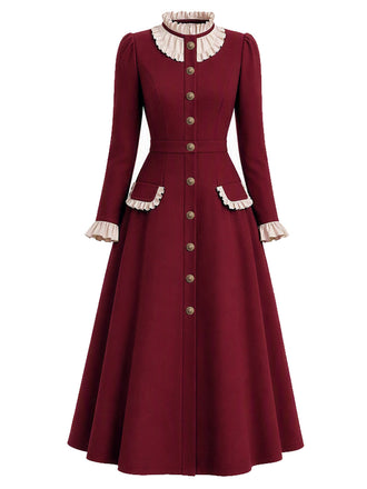 Burgunderrotes 50er Mantelkleid mit Rüschenkragen