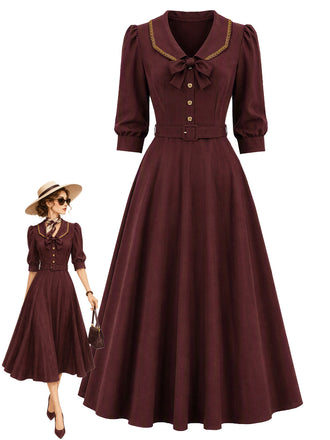 50er Kleid mit Schleifenkragen und 3/4-Puffärmeln