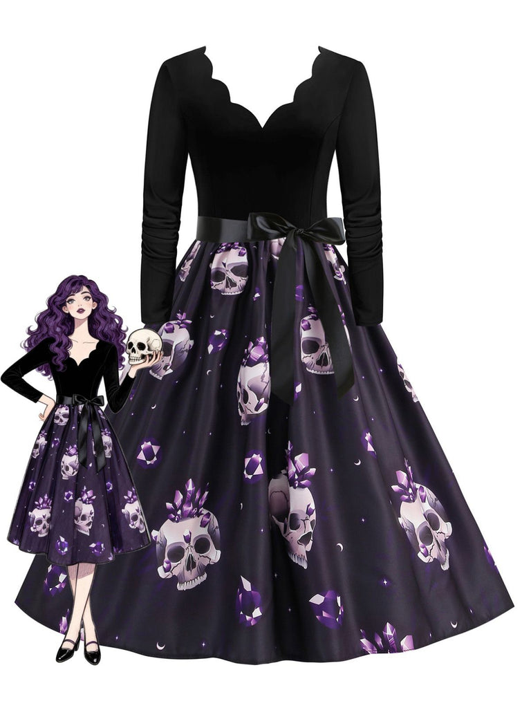 Lila 50er Swingkleid mit Kristall-Totenkopf-Print