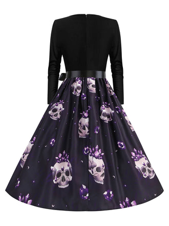 Lila 50er Swingkleid mit Kristall-Totenkopf-Print