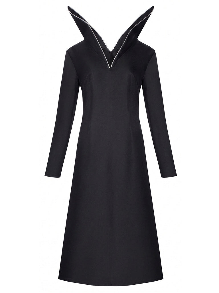40er Gothic Midikleid mit hohem Kragen und Langarm