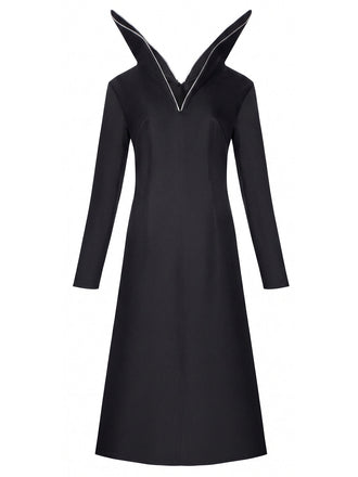 40er Gothic Midikleid mit hohem Kragen und Langarm