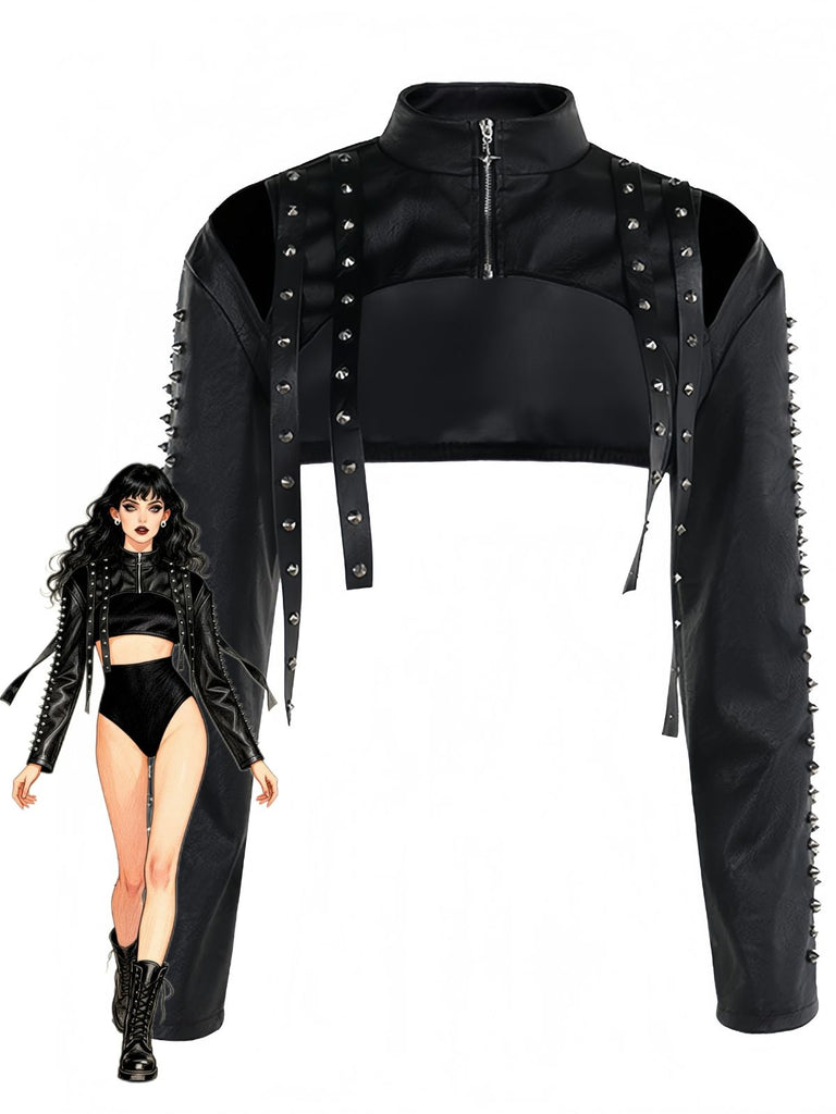 Schwarze 70er Kunstleder-Bolerojacke mit Nieten
