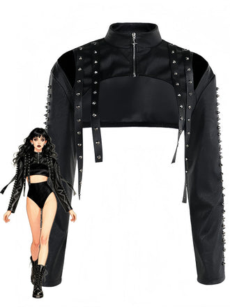 Schwarze 70er Kunstleder-Bolerojacke mit Nieten