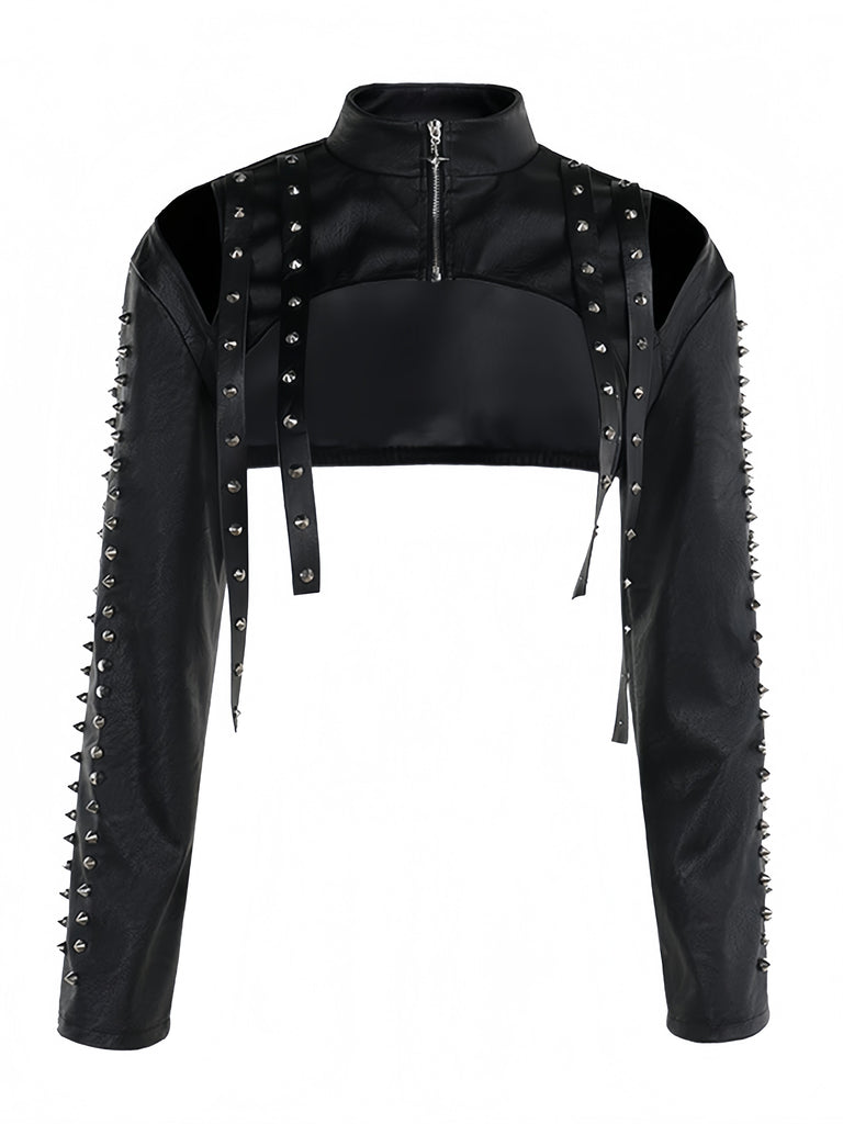 Schwarze 70er Kunstleder-Bolerojacke mit Nieten