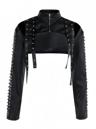 Schwarze 70er Kunstleder-Bolerojacke mit Nieten