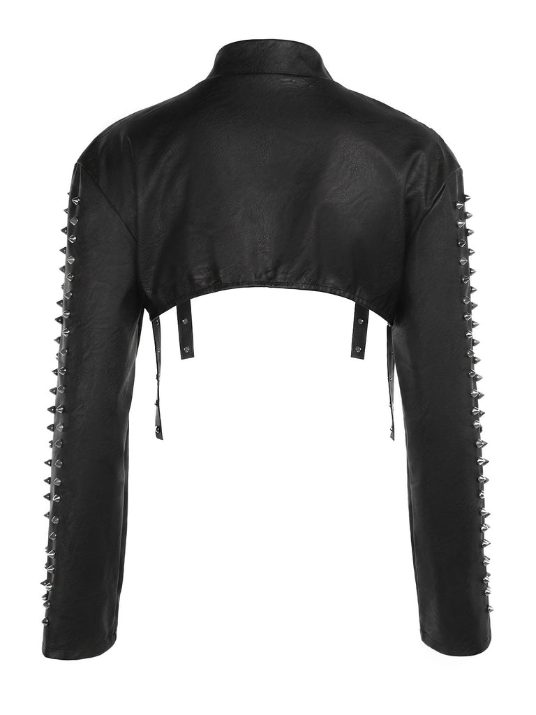 Schwarze 70er Kunstleder-Bolerojacke mit Nieten