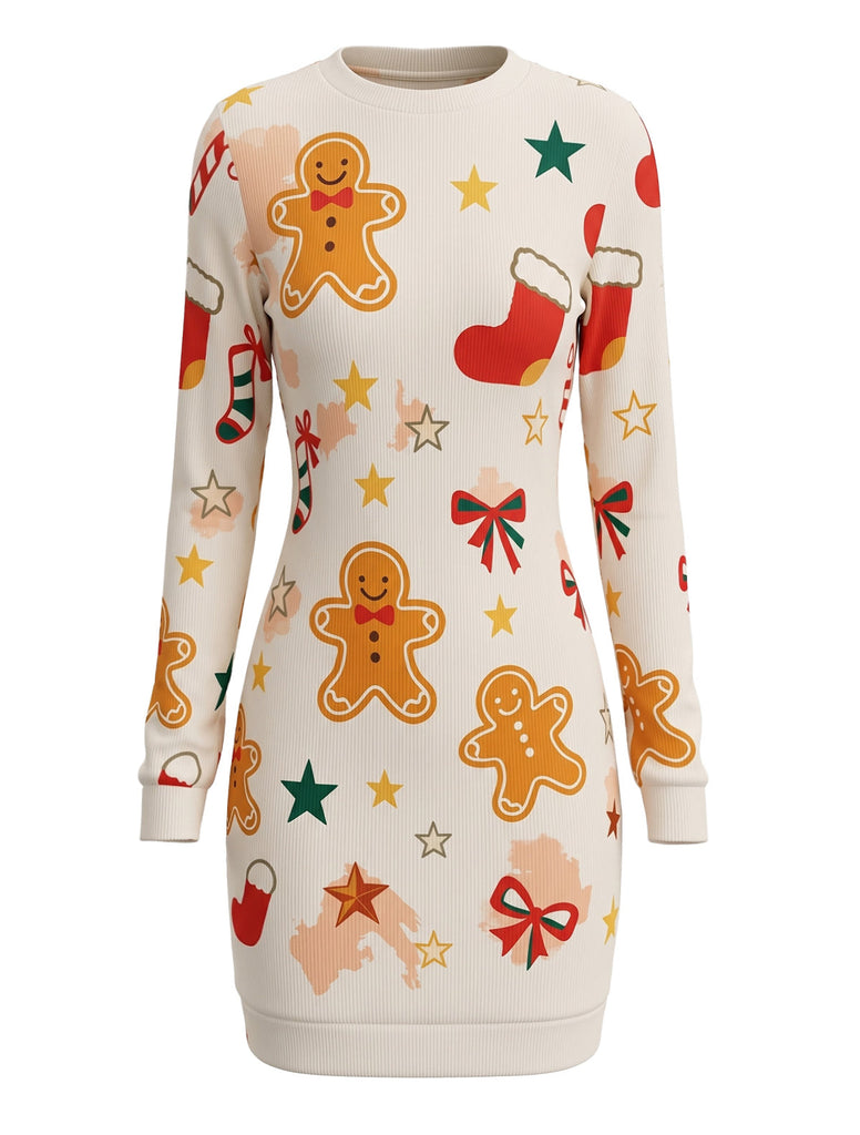 Beiges 60er Weihnachtskleid mit Lebkuchen-Print und Langarm