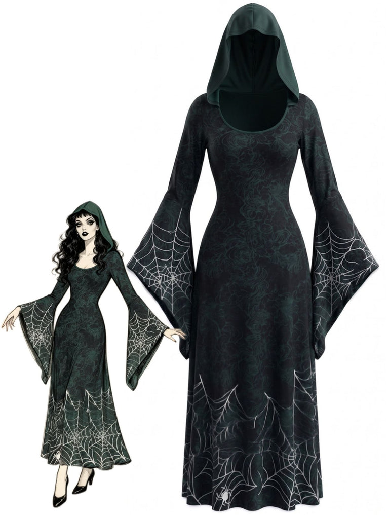 30er Kapuzen-Hexenkleid mit Spinnennetz und Glockenärmeln
