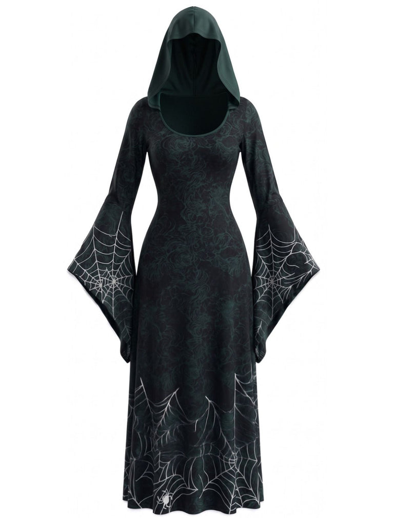 30er Kapuzen-Hexenkleid mit Spinnennetz und Glockenärmeln