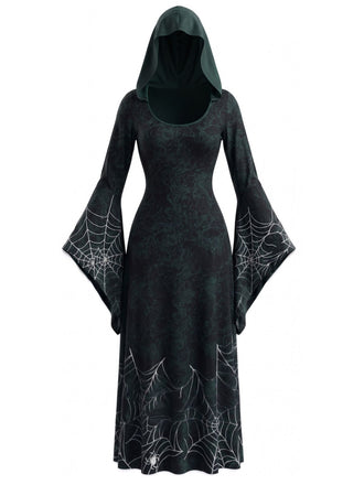 30er Kapuzen-Hexenkleid mit Spinnennetz und Glockenärmeln