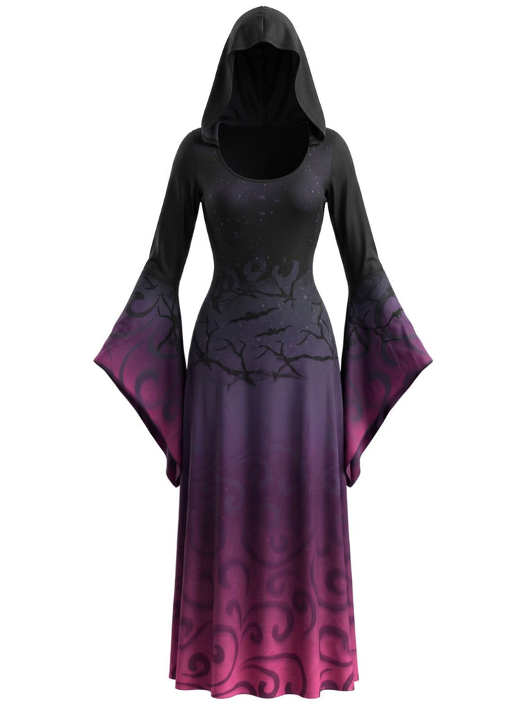 30er Kapuzen-Hexenkleid mit Spinnennetz und Glockenärmeln