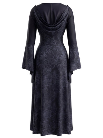30er Kapuzen-Hexenkleid mit Spinnennetz und Glockenärmeln
