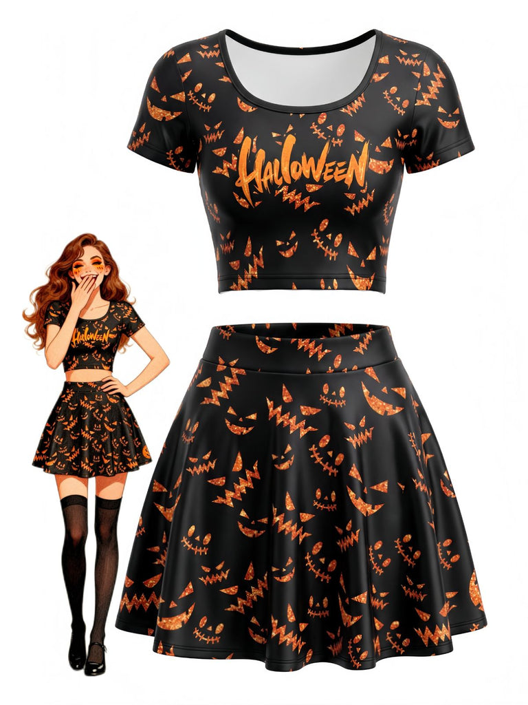 Schwarzes 60er Halloween-Top-und-Rock-Set mit Kürbislaternen-Print