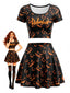 Schwarzes 60er Halloween-Top-und-Rock-Set mit Kürbislaternen-Print