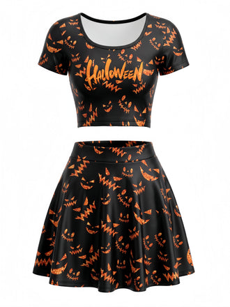 Schwarzes 60er Halloween-Top-und-Rock-Set mit Kürbislaternen-Print