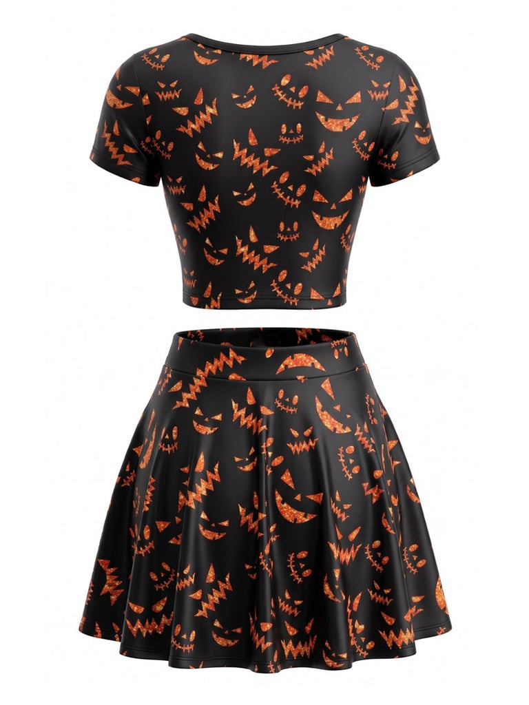 Schwarzes 60er Halloween-Top-und-Rock-Set mit Kürbislaternen-Print