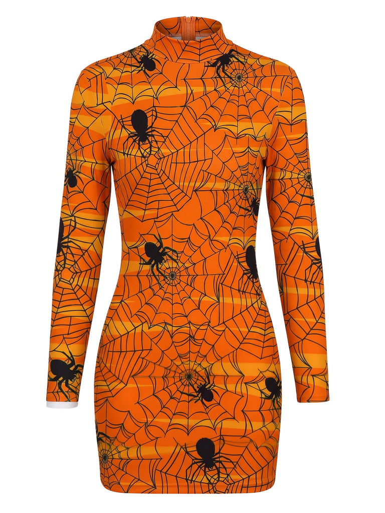 60er Halloween Bleistiftkleid mit Spinnennetz und Langarm