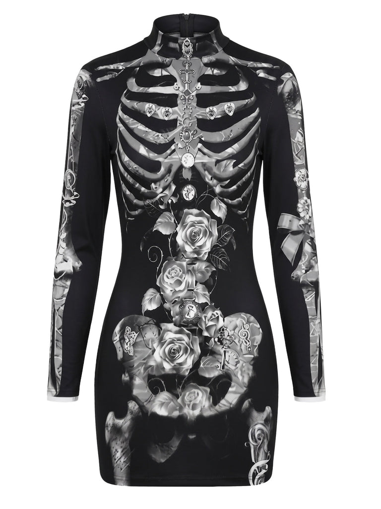 60er Halloween Bleistiftkleid mit Spinnennetz und Langarm