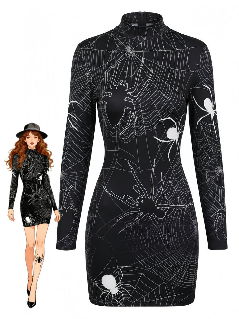 60er Halloween Bleistiftkleid mit Spinnennetz und Langarm