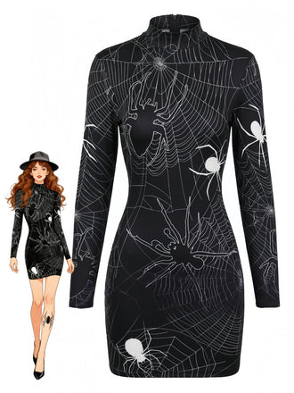 60er Halloween Bleistiftkleid mit Spinnennetz und Langarm