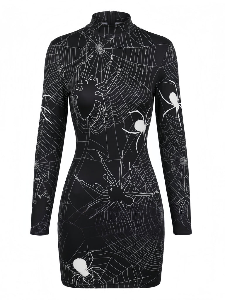 60er Halloween Bleistiftkleid mit Spinnennetz und Langarm