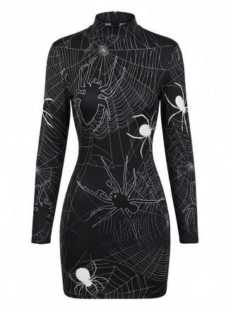 60er Halloween Bleistiftkleid mit Spinnennetz und Langarm