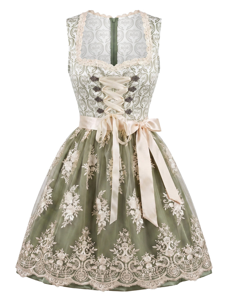 Hellgrünes 50er Kleid mit Eckiger Ausschnitt und Blumen