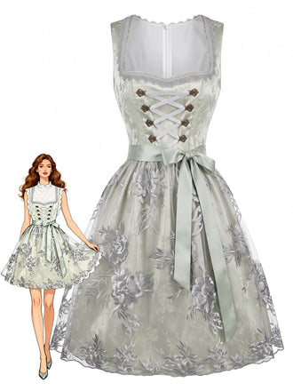 Hellblaues 50er Oktoberfest-Dirndl-Set mit Blumen und Schürze