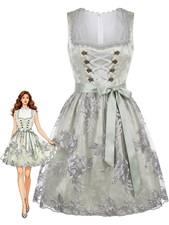 Hellblaues 50er Kleid mit Eckiger Ausschnitt und Blumen